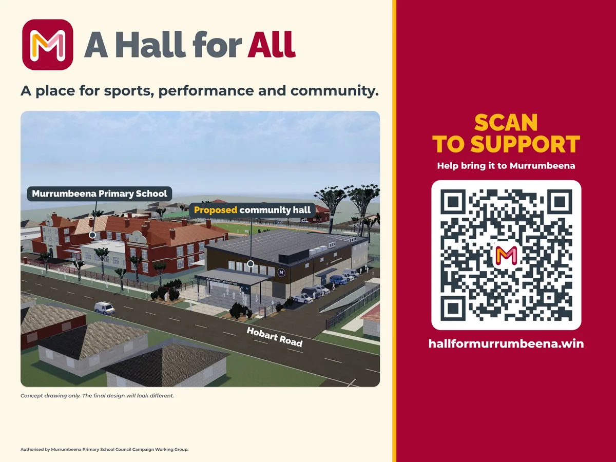 The landscape sign: 'A Hall for All — a place for sports, performance and community', with a picture of the proposed hall and a QR code to scan to support