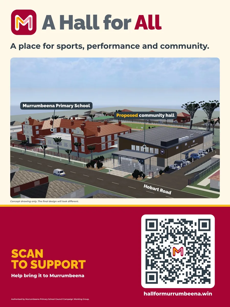 The portrait sign: the same design arranged tall, with the QR code below the picture