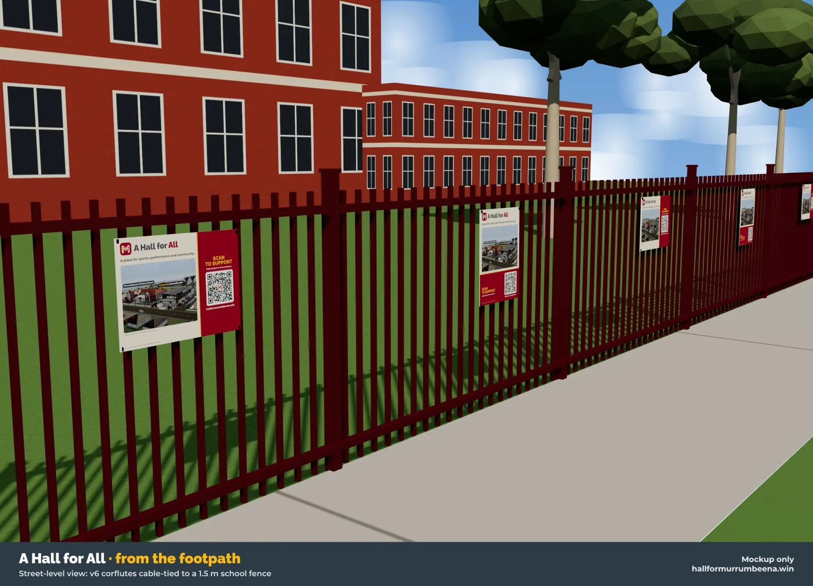Mock-up: 'A Hall for All' corflute signs cable-tied along a school fence, seen from the footpath