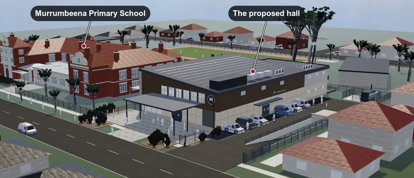 The proposed hall on the Murrumbeena Primary School site, seen from Hobart Road. The existing red-brick main building is labelled on the left, and the proposed hall — a solar roof over a covered forecourt and car parking — is labelled in the centre.
